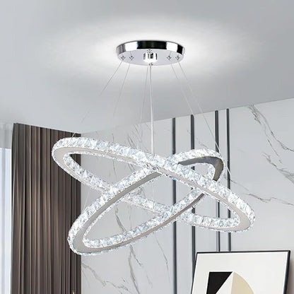 23.6'' Oval Crystal Chandelier, 2-Ring LED Pendant Island Light, 6500K Cool White Non-Dimmable Modern Ceiling Lighting for Kitchen Island Dining Room Living Room Bedroom