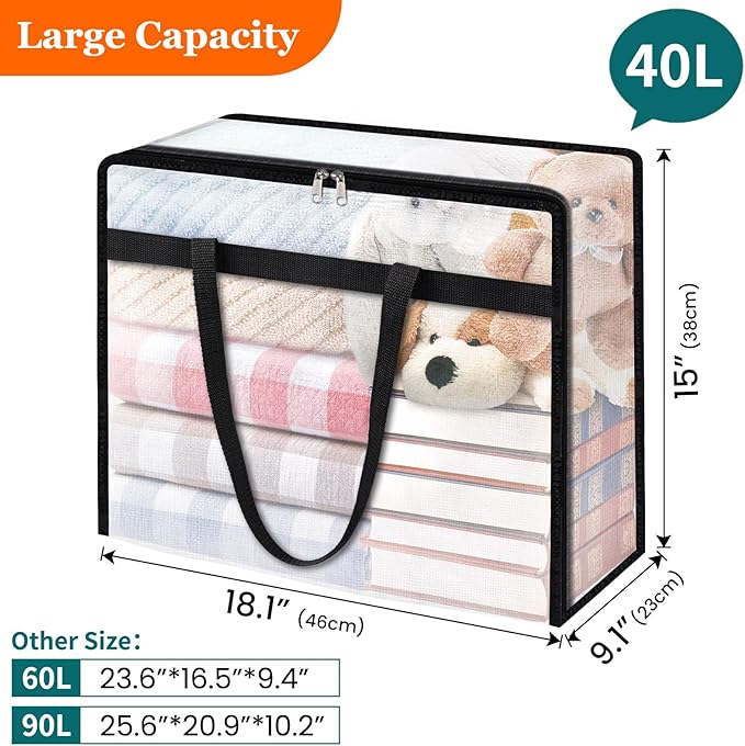 TasticTotes 6 Pack Clear Storage Bags for Comforter, Clothes & Bedding, Plastic Blanket Storage with Zipper and Handle, Moving Bags, Closet Organizer and Under-Bed Storage (40L)