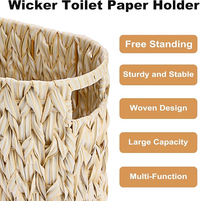 Sumnacon Toilet Paper Storage Basket Freestanding, Wicker Toilet Paper Holder Stand with Handle, Decorative Narrow Bathroom Baskets Sturdy Plastic Organizer Bin for Tissue Rolls, Toiletries, Towels