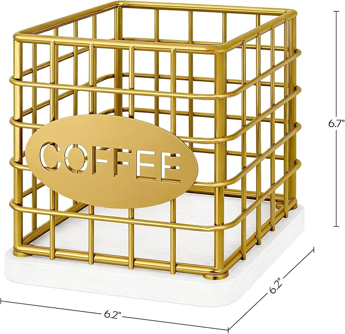YATINEY Coffee Pod Holder for K Cup, Large Capacity Coffee Pod Organizer, Versatile Coffee Capsule Storage Basket with Wooden Base, Gold and White KH10DW