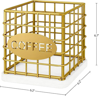 YATINEY Coffee Pod Holder for K Cup, Large Capacity Coffee Pod Organizer, Versatile Coffee Capsule Storage Basket with Wooden Base, Gold and White KH10DW