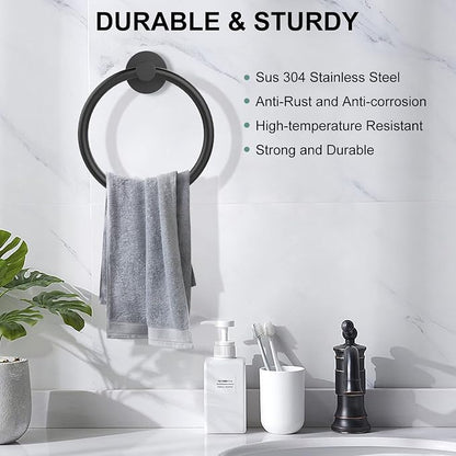 SetSail Towel Holder for Bathroom Wall Matte Black Towel Ring Stainless Steel Heavy Duty Hand Towel Hanger for Bath, Kitchen, 2 Pack