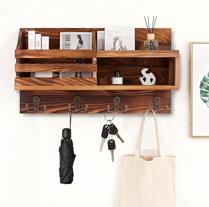 Key and Mail Holder for Wall, Mail Organizer Wall Mount with Shelf, Farmhouse Entryway Organizer for Keys, Wallet, Dog Leash, Sunglass (Brown)