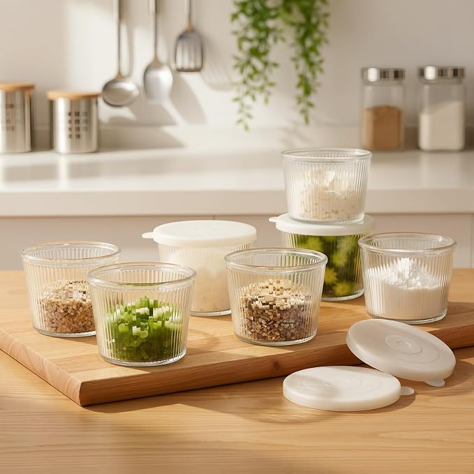 8pc Set of Small Glass Bowls with Lids 6.8oz Ribbed Clear Glass Containers Stackable Dessert Custard Pudding Cups Condiment Bowls for Sauces Dips, Nuts Oats, Candy Dessert, Cereal