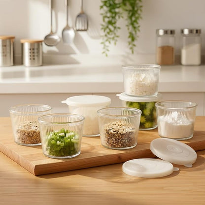 8pc Set of Small Glass Bowls with Lids 6.8oz Ribbed Clear Glass Containers Stackable Dessert Custard Pudding Cups Condiment Bowls for Sauces Dips, Nuts Oats, Candy Dessert, Cereal