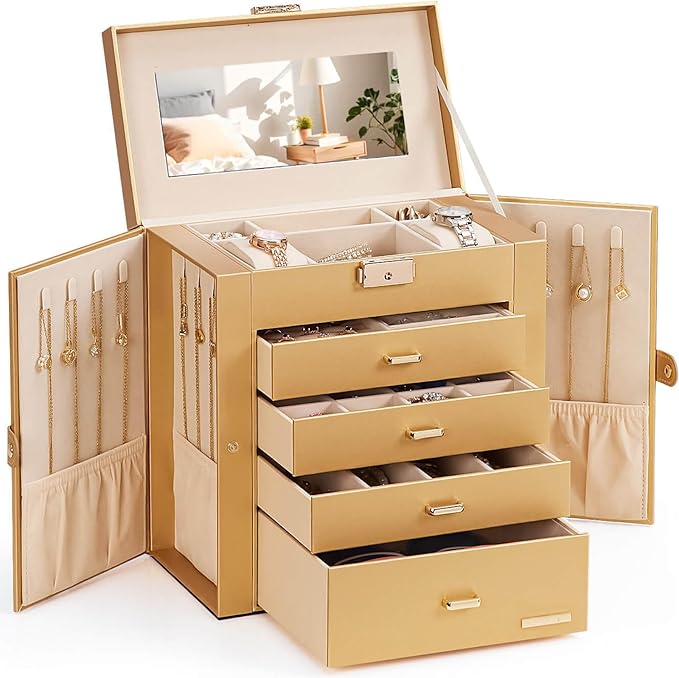 Homde Mothers Day Gifts Synthetic Leather Huge Jewelry Box Mirrored Watch Organizer Necklace Ring Earring Storage Lockable Gift Case (Gold)