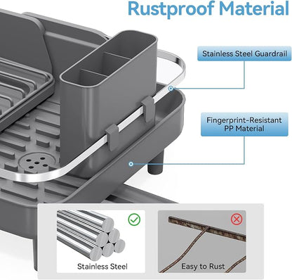 Urackify Dish Drying Rack for Kitchen Counter, Expandable Stainless Steel Dish Racks with Adjustable Water Spout, Space Saving Dish Drainer with Cutlery Holder,16.14"-23.62" L x 12.99" x 8.78",Grey