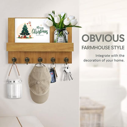 Farmhouse Wall Key Holder for Wall : Holiday Card Slot Design Wooden Mail Organizer Wall Mount Dog Leashes Holder Hanger (Light Brown)