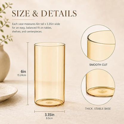 TBWIND 12pcs Gold Amber Glass Cylinder Vases for Centerpieces, 6 Inch Bulk Flower Vases for Wedding Decorations, Hurricane Candle Holder for Floating Candles and Table Home Decor