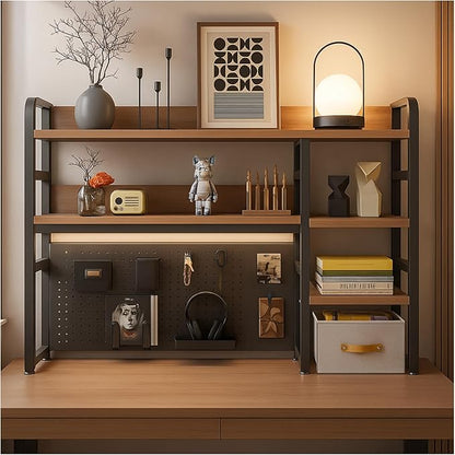 Desktop Bookshelf, pegboard Storage and Organization Rack, Dorm Desk Shelf, Desk Hutch, Desktop Storage for Office, Study, Student Display Rack,Desktop Shelves (Black+Walnut 37.4" Lx9.9 Wx37 H)