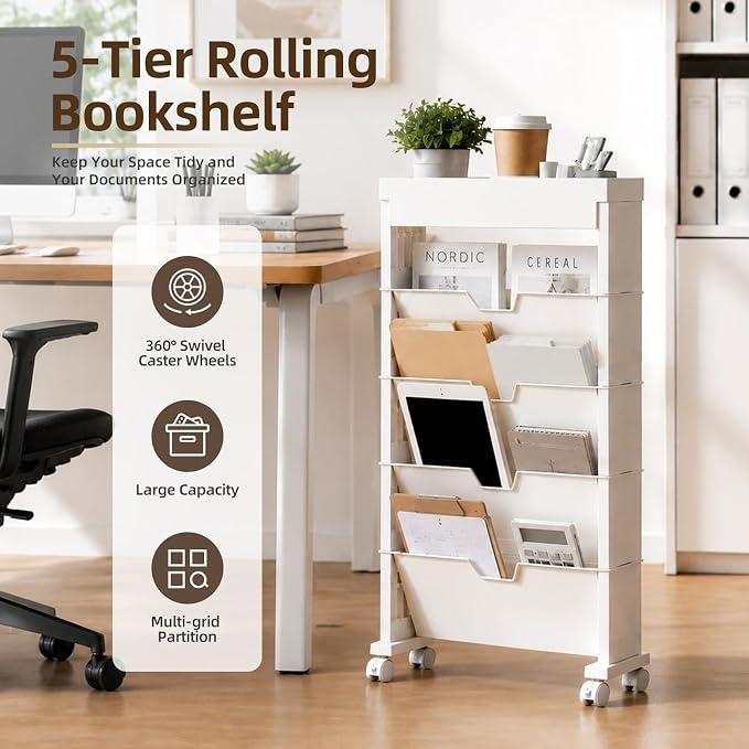 SDLP 5-Tier Rolling Bookshelf, Rolling Book carts with Wheels,Book Storage Rack,Utility Carts, Movable File Folder Organizer Cart for Home,Study,Office,Living Room,Classroom, (White, 5 Tier)
