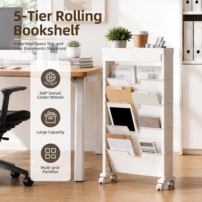 SDLP 5-Tier Rolling Bookshelf, Rolling Book carts with Wheels,Book Storage Rack,Utility Carts, Movable File Folder Organizer Cart for Home,Study,Office,Living Room,Classroom, (White, 5 Tier)