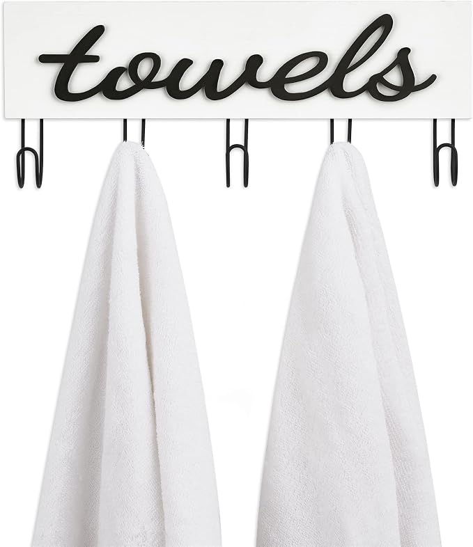 Mkono Towel Holder Wall Mounted Towel Rack Bathroom Decor Rustic White Wood Towel Hooks to Hang Towels Bathroom Robe Coat Clothing, Bath Towel Hanger Storage Home Decor Organizer,Small