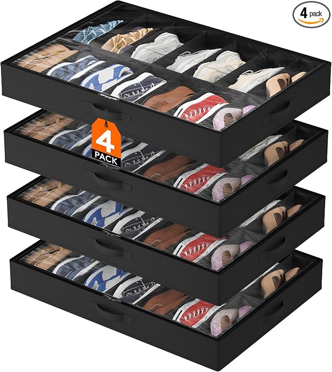 Lifewit Under Bed Shoe Storage Organizer 4 Pack(14 Shoes Cells), 4.3 Inches Tall Low Profile Fabric Shoes Container Box with Clear Cover, Foldable Storage Bag with 2 Handles, Fits 28 to 56 Pairs