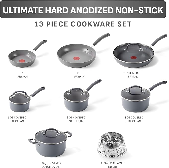 T-Fal Ultimate Hard Anodized Nonstick 13 Piece Cookware Set, Oven Safe Up to 400°F, Pots and Pans Set, Includes Frying Pans, Saucepan, Stockpot, Cooking Utensils, Grey
