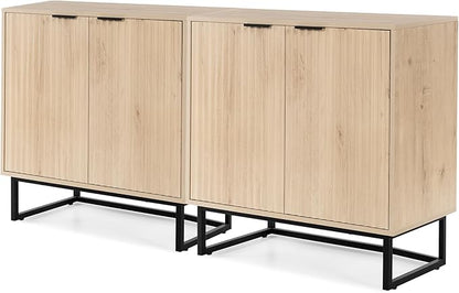 Fluted Storage Cabinet Set of 2, Sideboard Buffet Cabinet Modern Accent Cabinets with Adjustable Shelves, Credenza, Console Table Entryway Cabinets for Living Room, Light Oak