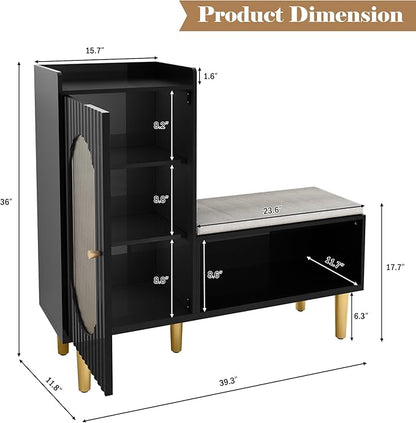 HLR Storage Bench Set of 2, Black Modern Entryway Shoe Cabinet Bench with Glass Door&Shelf, L-Shaped Storage Cabinet with Padded Seat for Hallway, Bedroom, Living Room, Office