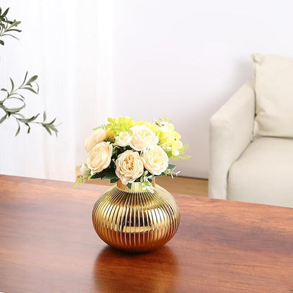 Gold Glass Vase, Flower Vases for Bouquet, Ribbed Glass Vases for Flowers, Small Gold Vase for Living Room, Office, Coffee Table, Shelf, Wedding, 6 Inches