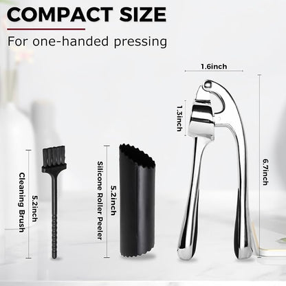 Kitessensu High Effective Premium Garlic Press Set, With Silicone Garlic Peeler & Brush, Heavy Duty Garlic Mincer, Easy to Squeeze and Clean, Rust Proof - Gloss Silver