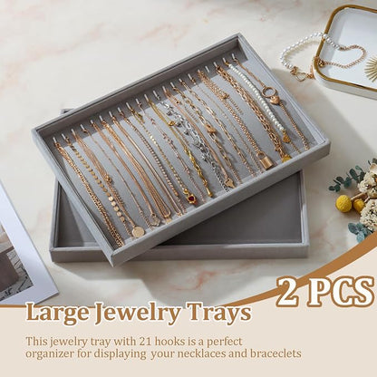 Large Velvet Jewelry Tray 2 Pack Stackable Jewelry Display Drawer Inserts Trays Organizer for Earring Bracelet Necklace Ring (Gray, 20 Hooks)