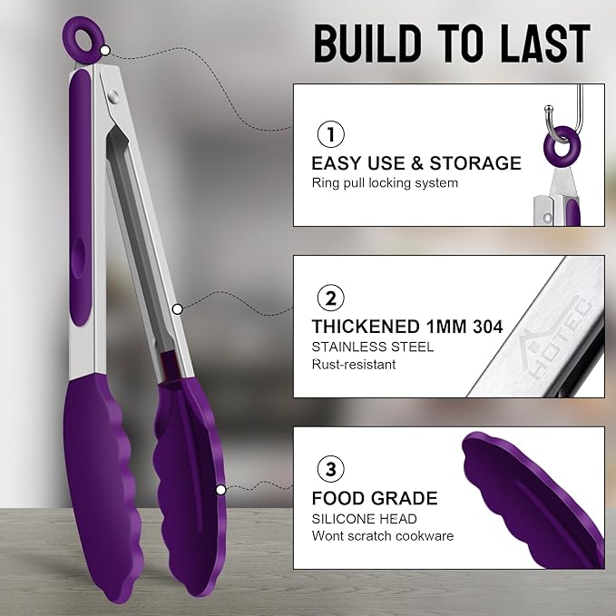 HOTEC Premium Stainless Steel Locking Kitchen Tongs with Silicon Tips, Set of 2-9" and 12" (Purple)