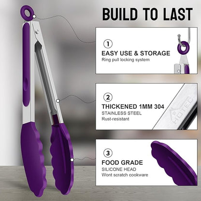 HOTEC Premium Stainless Steel Locking Kitchen Tongs with Silicon Tips, Set of 2-9" and 12" (Purple)