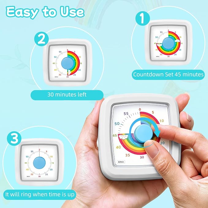 Visual Timer for Kids, 60-Minute Silent Countdown Timer with Rainbow Design, Cube Time Management Tool Timers for Classroom Cooking Homework ADHD, No Loud Ticking Kids Visual Timer,White Blue
