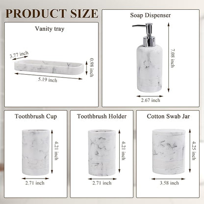 Bathroom Accessories Set, 6-Piece Bathroom Accessory Set, Toothbrush Holders Set, Soap Dispenser, Vanity Tray, Tumbler, Cotton Swab Jars, Bathroom Organizer for Modern Bathrooms (Marble White)