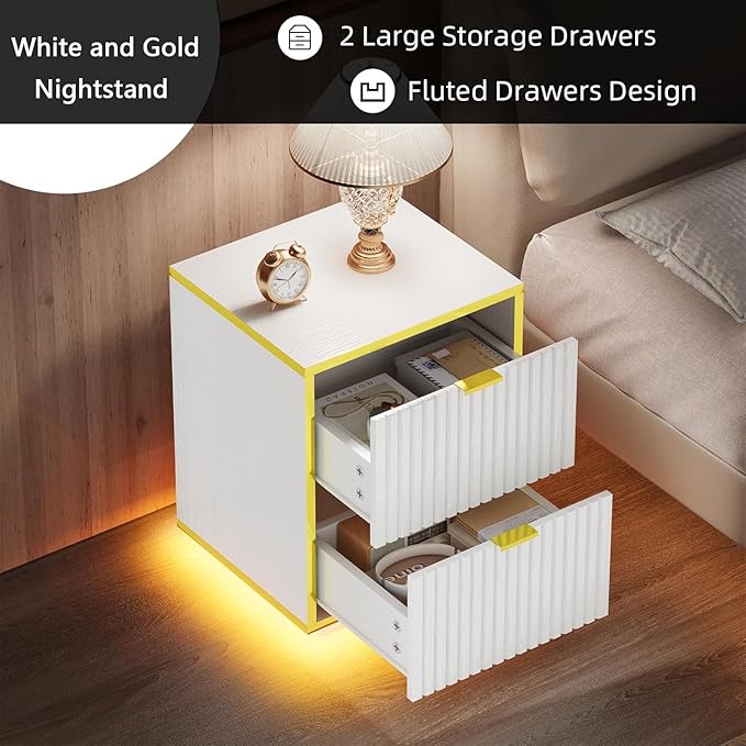 4ever2buy White and Gold Nightstand Set of 2, Modern Bedside Table with LED Lights, End Table for Bedroom Living Room
