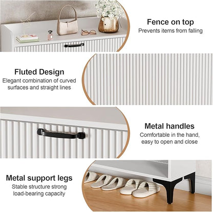 HIFYOBRO Fluted Shoe Cabinet with 2 Flip Drawers, Hidden Shoes Storage Cabinet, Modern Shoe Rack Organizer, Freestanding Narrow Shoes Organizer for Hallway, Entryway (White)
