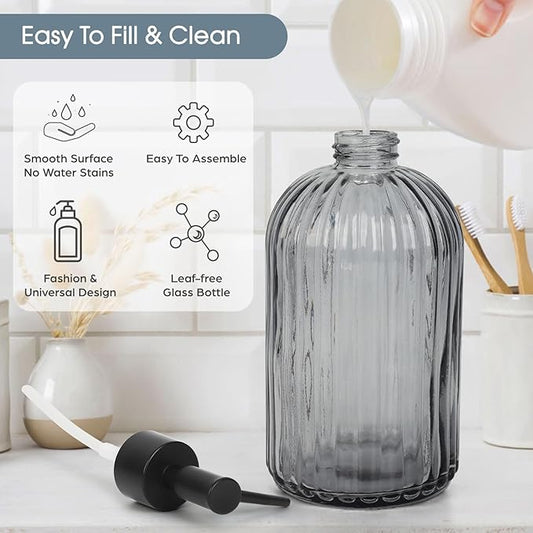 Topsky Glass Soap Dispenser with Plastic Pump, 400ml Liquid Hand Soap Dispenser, Rustproof Pump for Kitchen & Bathroom, Great for Lotions, Essential Oil, Liquid Soaps,Gray
