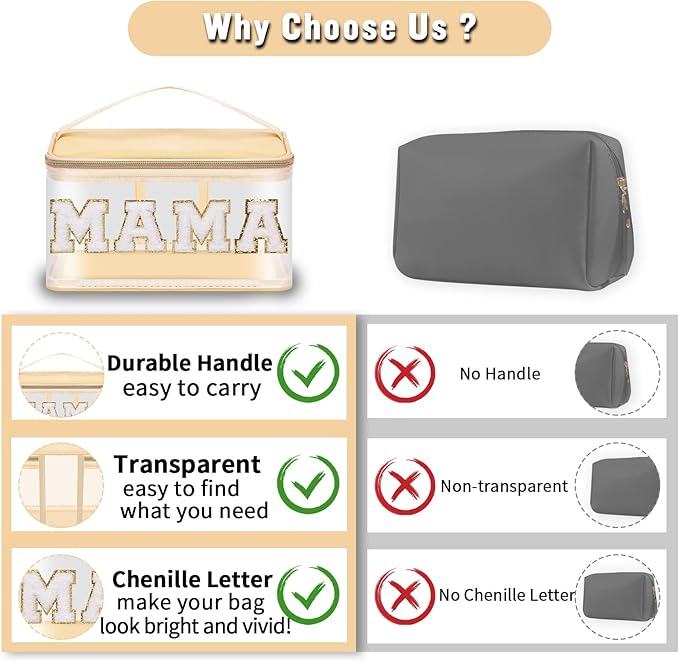 2 Pcs Chenille Letter Clear Makeup Bags Mama Baby Pouch, Preppy Patch Makeup Bag Mama Baby Hospital Duffle Bag Zipper with Handle, Travel Baby Toiletry Bag Nylon Cosmetic Handbag for Women(MAMA+BABY)