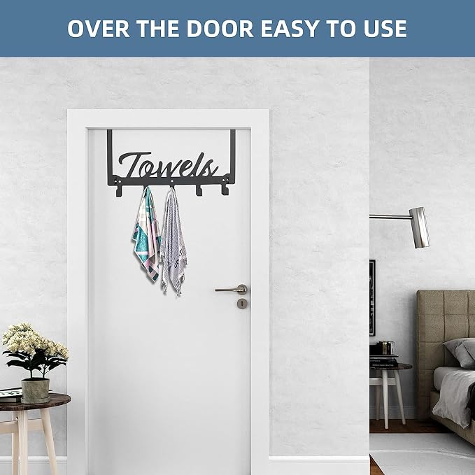 Azmoncy Over The Door Hooks, Towel Rack for Bathroom Towel Holder for Hanging Heavy Duty, Over Door Hanger with 5 Coat Hooks for Bedroom Bathroom Kitchen Towels, Pink