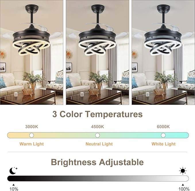 42" Retractable Ceiling Fans with Lights, Modern Fandelier Ceiling Fan with LED Light and Remote/APP Control 3 CCT, Reversible, 6 Wind Speed, Chandelier Ceiling Fan for Bedroom, Living Room Black
