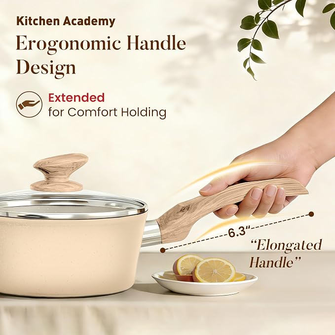 Kitchen Academy Beige Pots and Pans Set Non Stick, 12Pcs Induction Cookware | Even heating, easy to clean granite. Healthy kitchen cooking experience. 100% PFOA & PFAS free.