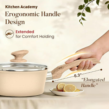 Kitchen Academy Beige Pots and Pans Set Non Stick, 12Pcs Induction Cookware | Even heating, easy to clean granite. Healthy kitchen cooking experience. 100% PFOA & PFAS free.