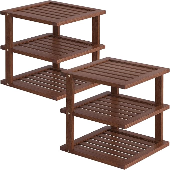 2 Pack Bamboo Corner Shelf,3 Tier Kitchen Cabinet Organizer for Plates and Dishes,Pantry Storage and Spice Rack（Brown）