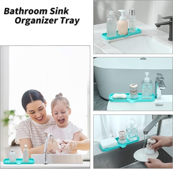 MicoYang Silicone Soap Dish with Drain Spout — Self-Draining Double Sink Organizer Tray for Kitchen & Bathroom, Dispensers, Sponges & Soap Holder, Non-Slip & Dishwasher Safe, Mint (Large, 12"×4")
