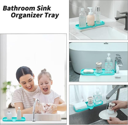 MicoYang Silicone Soap Dish with Drain Spout — Self-Draining Double Sink Organizer Tray for Kitchen & Bathroom, Dispensers, Sponges & Soap Holder, Non-Slip & Dishwasher Safe, Mint (Large, 12"×4")