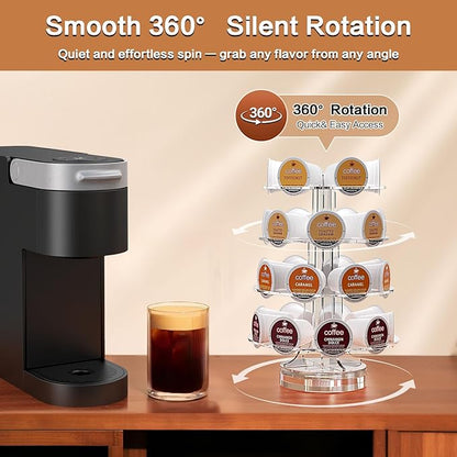 Crystal Clear Acrylic Coffee Pods Holder Carousel Compatible with 30 Keurig K-cup Pod And Nespresso Vertuo Capsuless, Space-Saving Coffee Pod Storage Organizer for Small Countertop