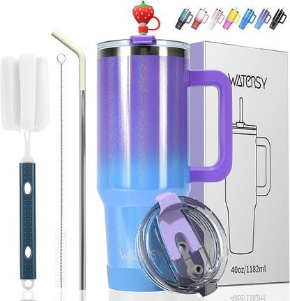 40 oz Shiny Tumbler with Handle and Straw,Stainless Steel Tumbler with Lid and Straw,Insulated Travel Mug(Cold for 34 Hours),Water Bottle for Iced Tea,Coffee (Purple)
