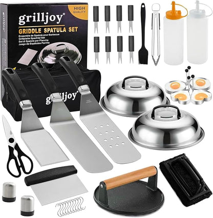 grilljoy Professional Griddle Accessories Kit Set with Smash Burger Press - Extra Thick Grill Spatula, Turner, Flipper - 38PCS Flat Top Grill Tools Kit for Outdoor Barbecue Teppanyaki Camping Cooking