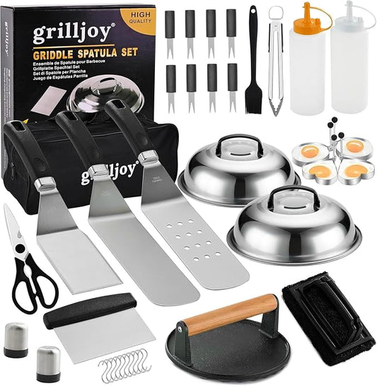 grilljoy Professional Griddle Accessories Kit Set with Smash Burger Press - Extra Thick Grill Spatula, Turner, Flipper - 38PCS Flat Top Grill Tools Kit for Outdoor Barbecue Teppanyaki Camping Cooking