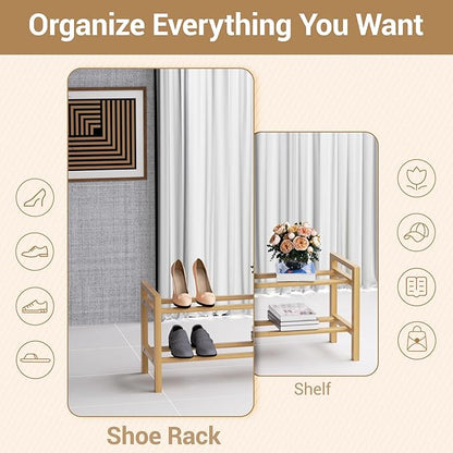 Haddockway Bamboo Shoe Rack for Closet, Free Standing Shoe Organizer with Smooth Round Rods & Convenient Handles, Stackable Shoe Storage Shelf for Entryway, Hallway(Natural, 2-Tier(Small))