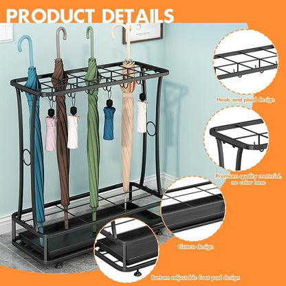 Metal Umbrella Holder Stand with Removable Drip Tray, Industrial Free Standing Umbrella Rack Organizer for Entryway Home Office Patio Decor(21 Slots 24 Hooks, Black)