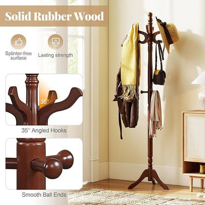 Tangkula Coat Rack Freestanding, Solid Rubber Wood Coat Tree with 11 Hooks and 3 Height Options for Coats, Hats, Bags, Purses, Clothes, Hanger Stand for Entryway Hallway Bedroom Office (Reddish Brown)