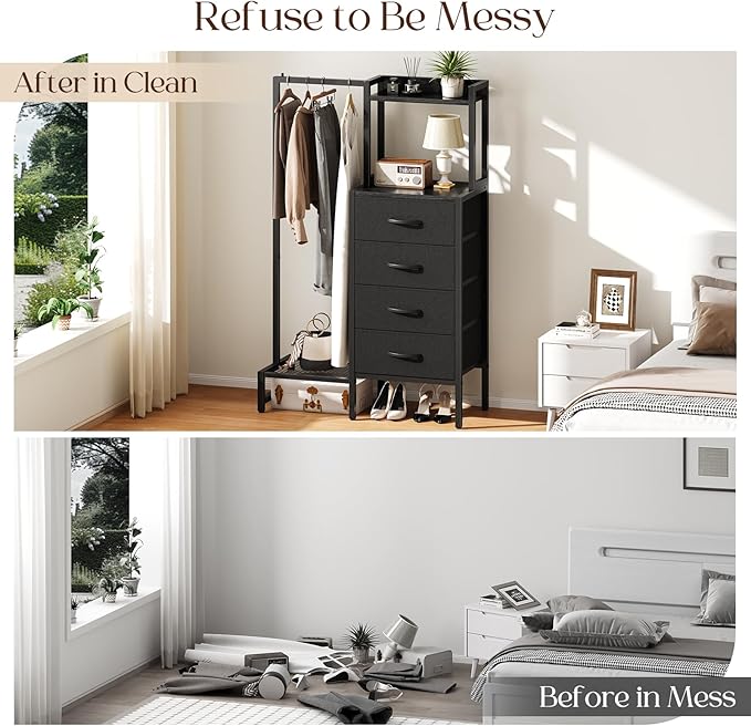Yoobure Black Dresser with Hanging Rack - Small Closet with 4 Fabric Storage Drawers, 44" H Dresser with Clothes Rack, Chest of Drawer, Kids Dressers for Bedroom, Entryway, Living Room, Sturdy Frame