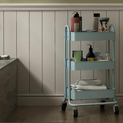 Metal Rolling Cart,3-Tier Metal Rolling Cart with Wheels,3 Tier Utility Cart with Wheels for Office,Home,Kitchen,Garden（13.4"x18.1"x31"） Blue