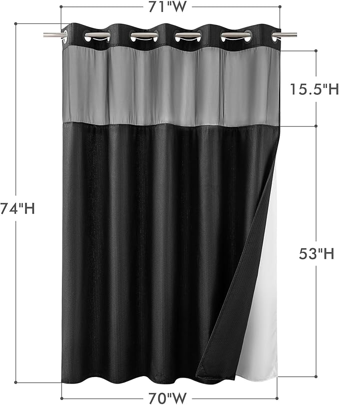 Mrs Awesome No Hook Shower Curtain with Snap-in Liner Less Time On/Off, Embossed Waffle-Look Textured Fabric Shower Curtain for Bathroom, Soft & Lightweight, 71x74, Black