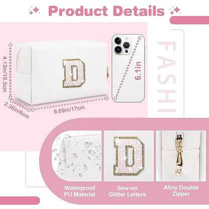 Small Initial Patch Makeup Bag Personalized Gifts Make Up Bag,White Cute PU Leather Glitter Letter Cosmetic Bag with Zipper,Trendy Portable Travel Toiletry Pouch,Preppy Stuff for Teen Girls Women D